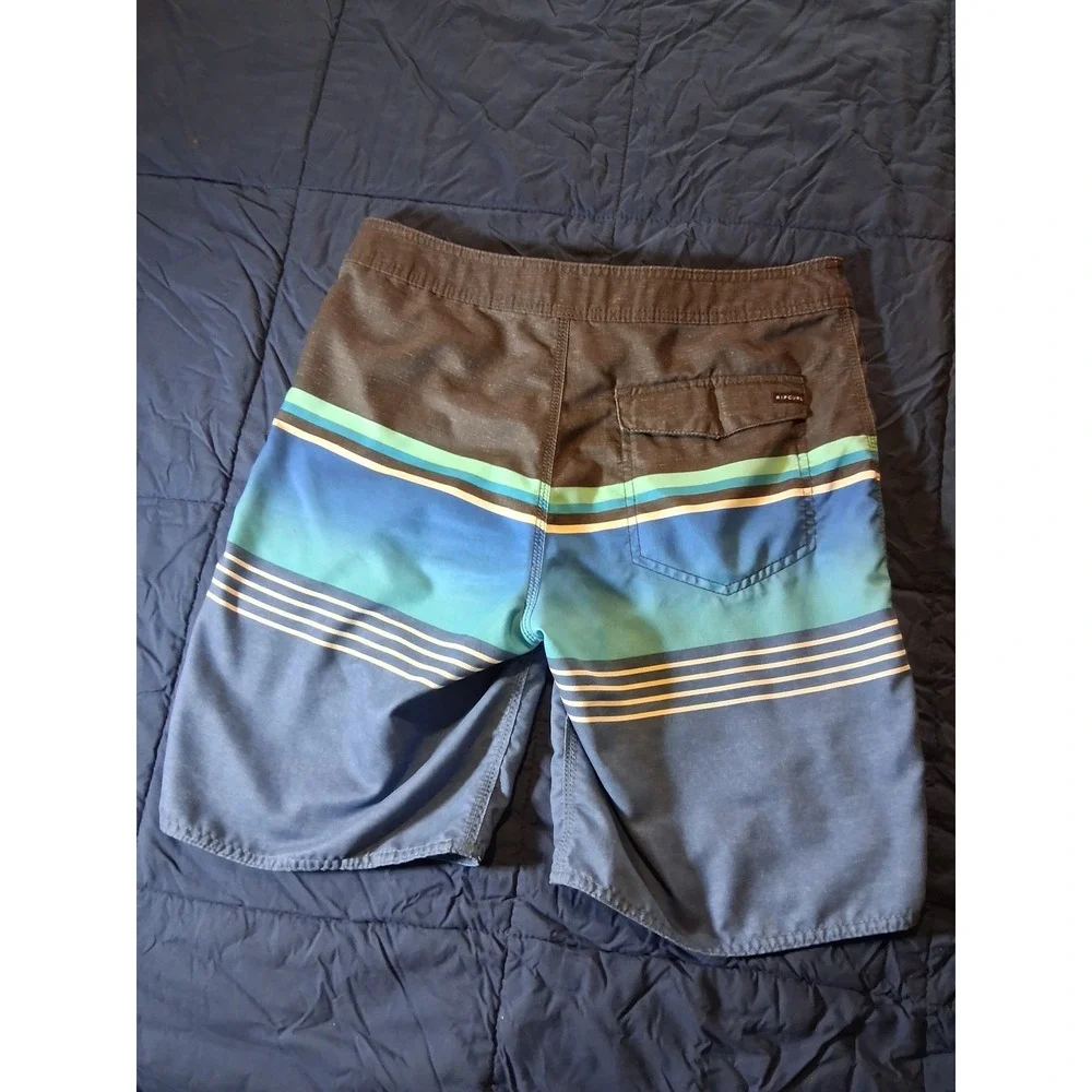 Rip Curl Mens Board Shorts Blue Charcoal Striped Swim Trunks Size‎ 29